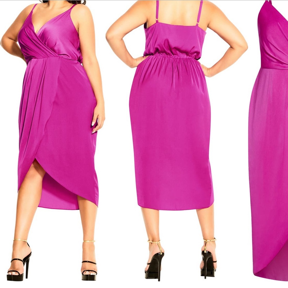 City Chic Plus Size All Night Magenta Satin Wrap Dress